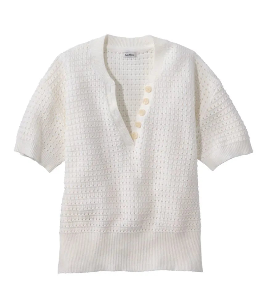 Women's Sunwashed Openwork Sweater, Short-Sleeve Henley