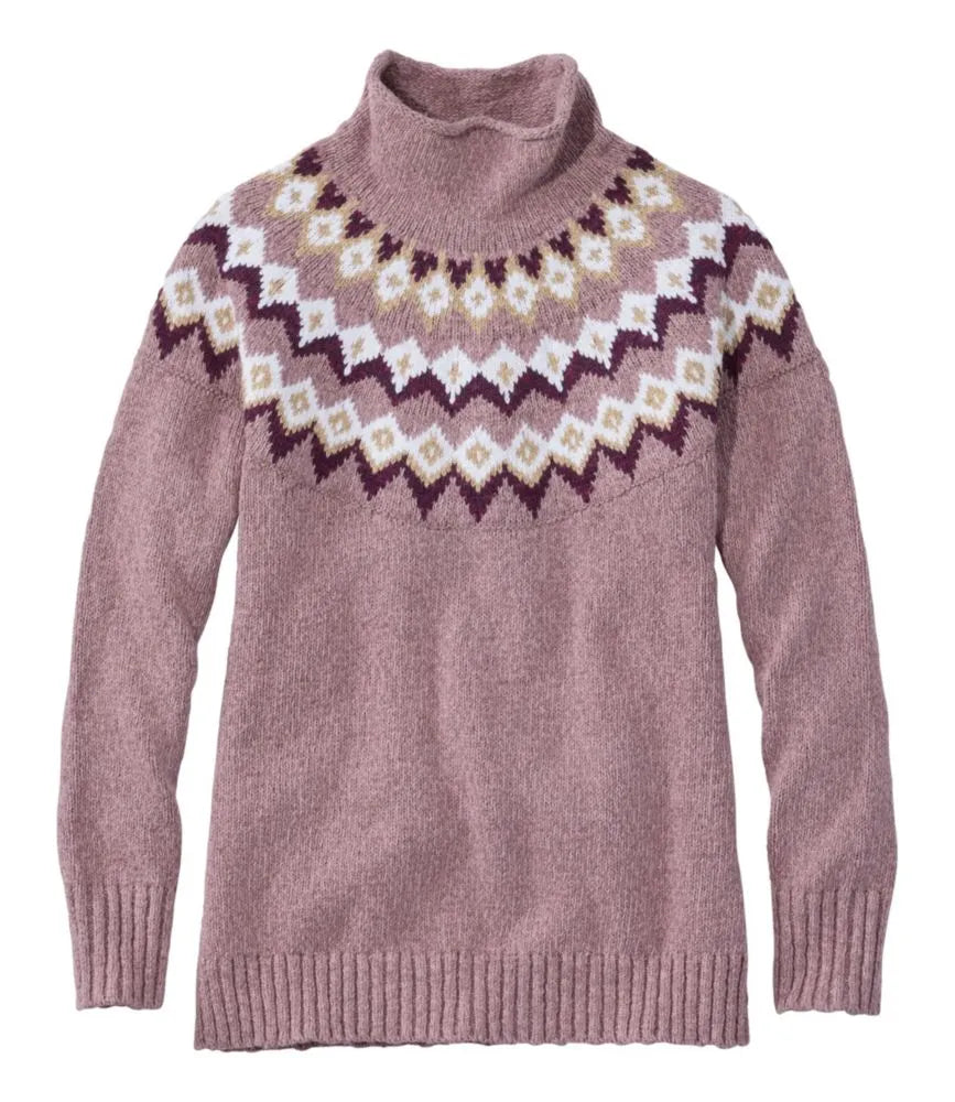 Women's Cotton Ragg Sweater, Funnelneck Pullover Fair Isle