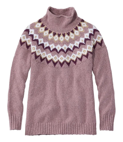 Women's Cotton Ragg Sweater, Funnelneck Pullover Fair Isle