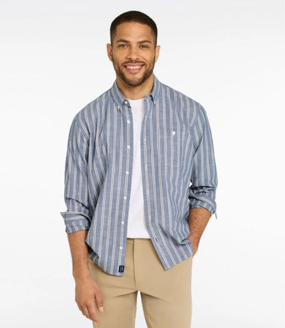 Men's Comfort Stretch Chambray Shirt, Traditional Untucked Fit, Long-Sleeve, Stripe