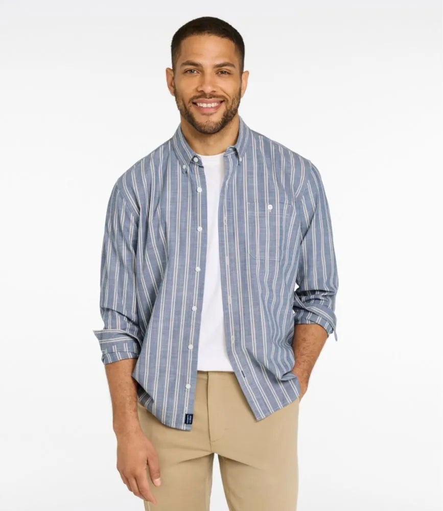 Men's Comfort Stretch Chambray Shirt, Traditional Untucked Fit, Long-Sleeve, Stripe