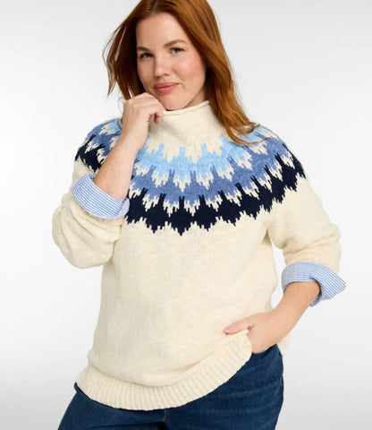 Women's Cotton Ragg Sweater, Funnelneck Pullover Fair Isle