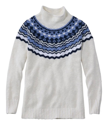 Women's Cotton Ragg Sweater, Funnelneck Pullover Fair Isle