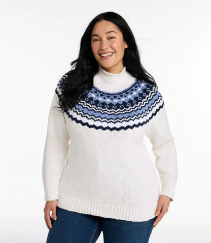 Women's Cotton Ragg Sweater, Funnelneck Pullover Fair Isle
