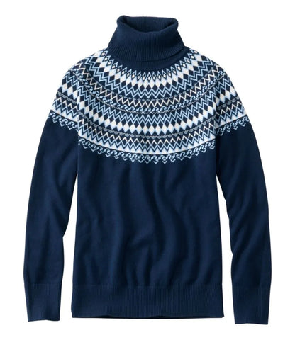 Women's Cotton/Cashmere Sweater, Turtleneck Fair Isle