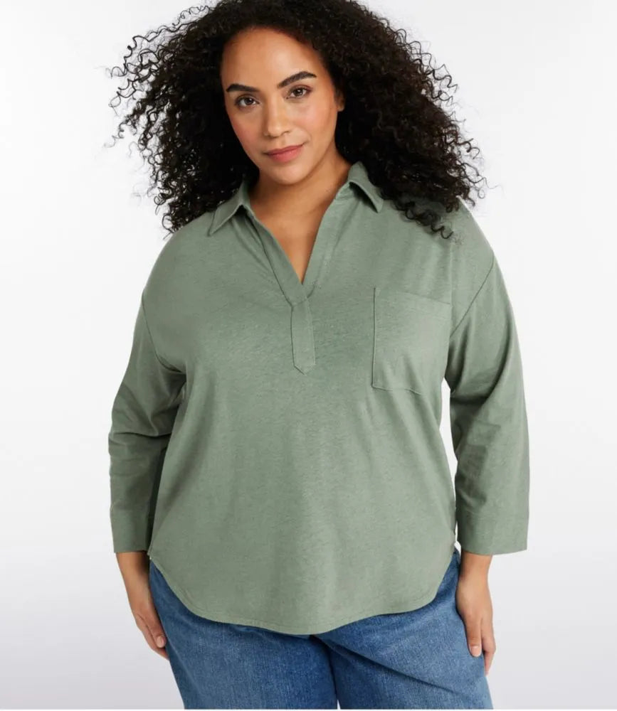 Women's Lakeside Linen/Cotton Tee, Three-Quarter-Sleeve Splitneck Polo