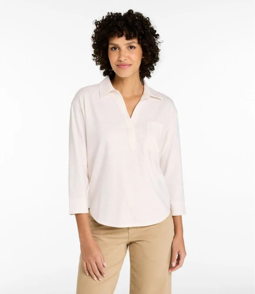 Women's Lakeside Linen/Cotton Tee, Three-Quarter-Sleeve Splitneck Polo Print