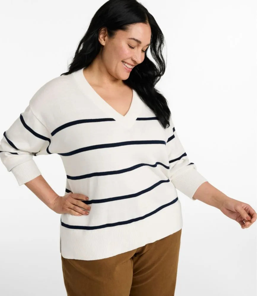 Women's Cotton/Cashmere Sweater, V-Neck Stripe