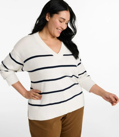 Women's Cotton/Cashmere Sweater, V-Neck Stripe
