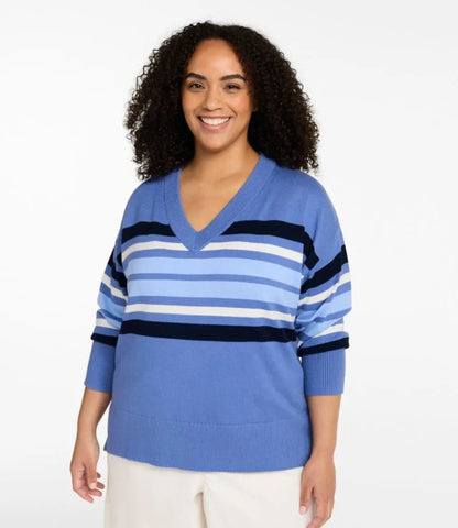Women's Cotton/Cashmere Sweater, V-Neck Stripe