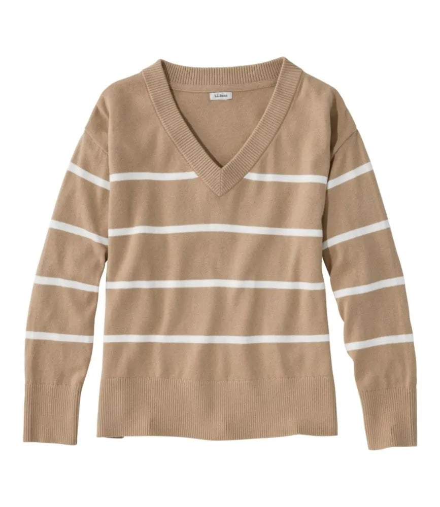 Women's Cotton/Cashmere Sweater, V-Neck Stripe