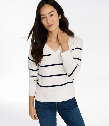 Women's Cotton/Cashmere Sweater, V-Neck Stripe