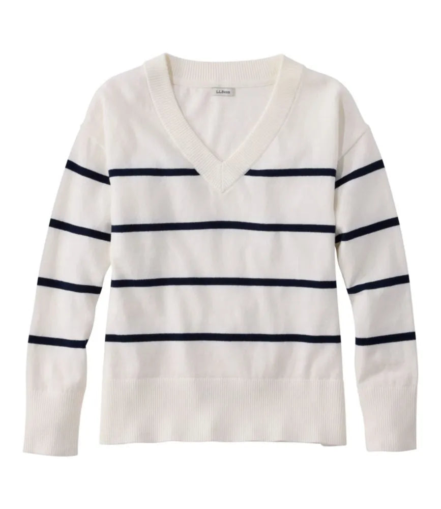 Women's Cotton/Cashmere Sweater, V-Neck Stripe