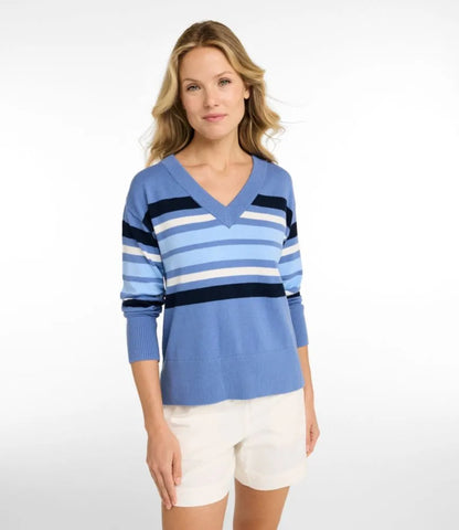 Women's Cotton/Cashmere Sweater, V-Neck Stripe