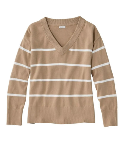 Women's Cotton/Cashmere Sweater, V-Neck Stripe