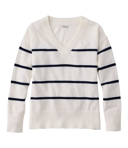 Women's Cotton/Cashmere Sweater, V-Neck Stripe