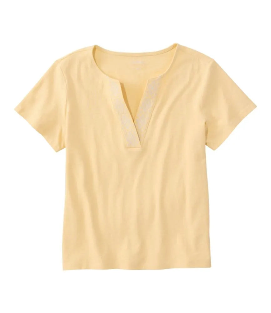 Women's Lakeside Linen/Cotton Tee, Short-Sleeve Embroidered Splitneck