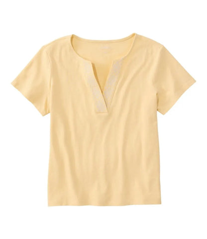 Women's Lakeside Linen/Cotton Tee, Short-Sleeve Embroidered Splitneck