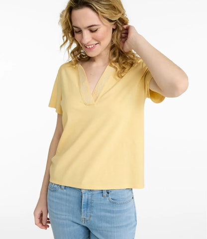Women's Lakeside Linen/Cotton Tee, Short-Sleeve Embroidered Splitneck