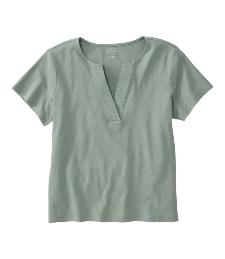 Women's Lakeside Linen/Cotton Tee, Short-Sleeve Embroidered Splitneck