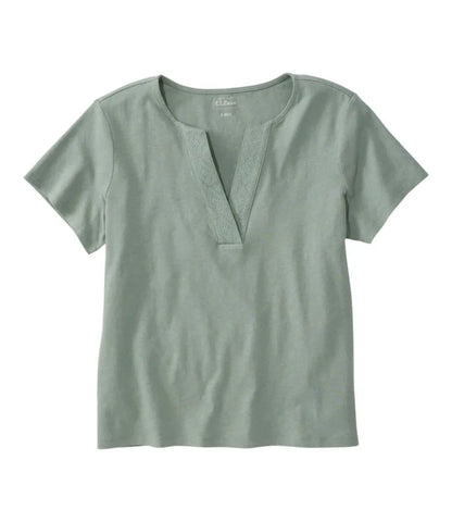 Women's Lakeside Linen/Cotton Tee, Short-Sleeve Embroidered Splitneck
