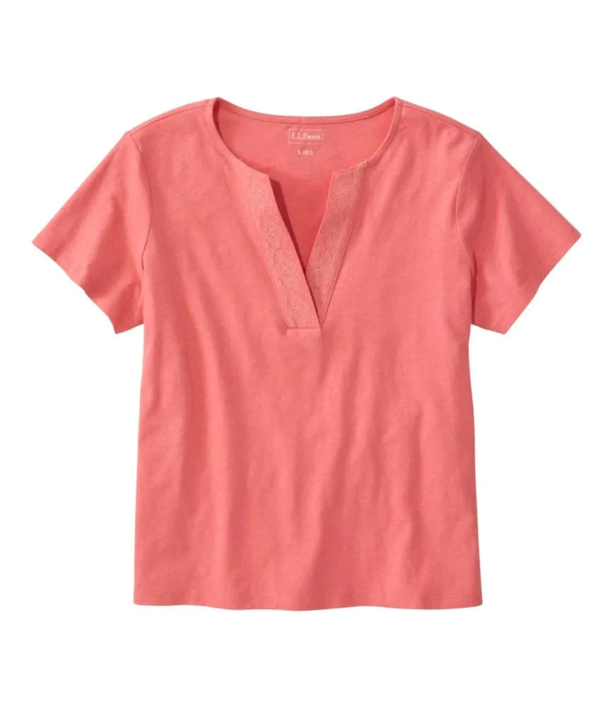 Women's Lakeside Linen/Cotton Tee, Short-Sleeve Embroidered Splitneck