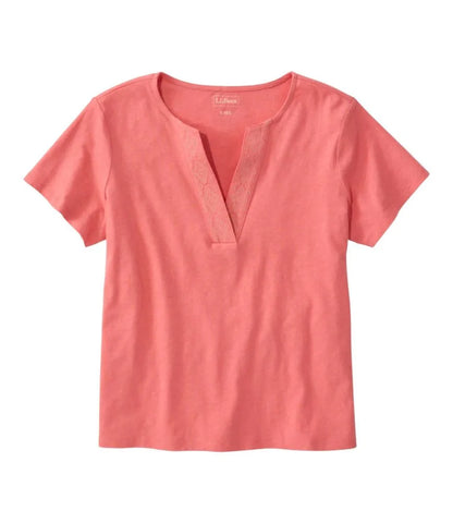 Women's Lakeside Linen/Cotton Tee, Short-Sleeve Embroidered Splitneck