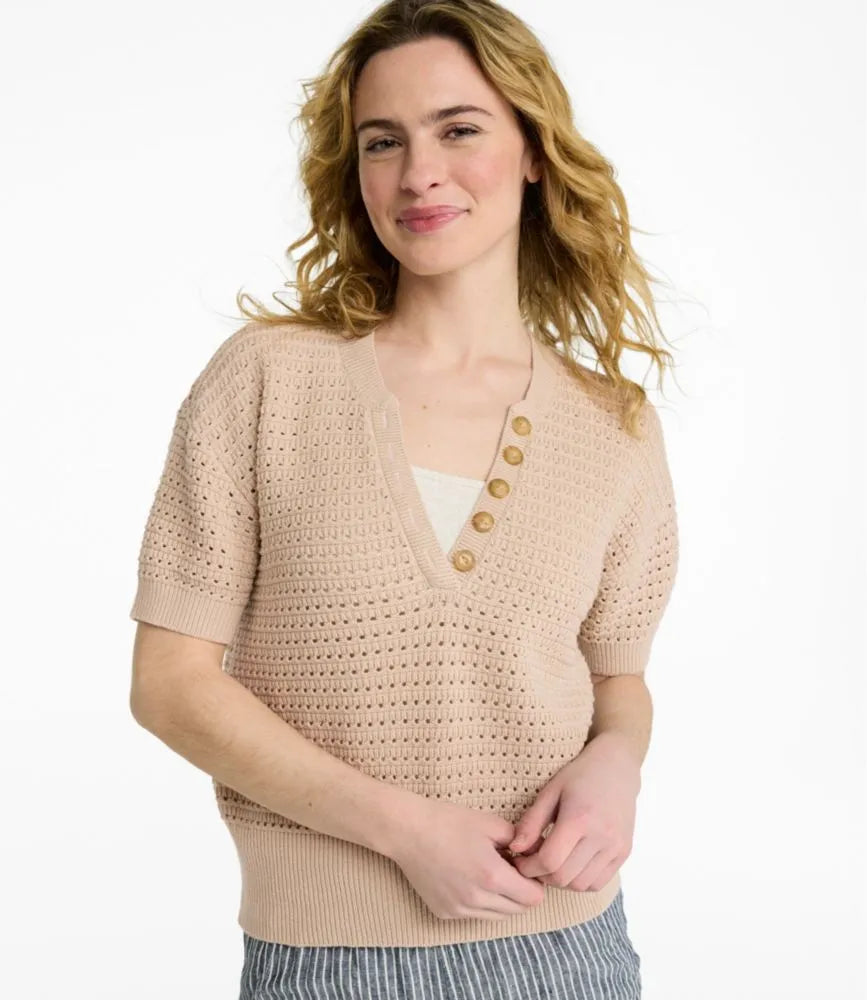 Women's Sunwashed Openwork Sweater, Short-Sleeve Henley