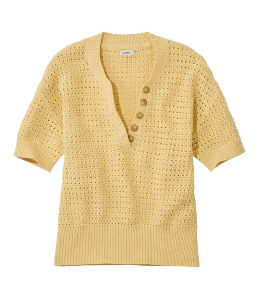 Women's Sunwashed Openwork Sweater, Short-Sleeve Henley