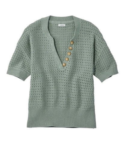 Women's Sunwashed Openwork Sweater, Short-Sleeve Henley