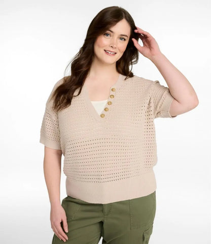 Women's Sunwashed Openwork Sweater, Short-Sleeve Henley
