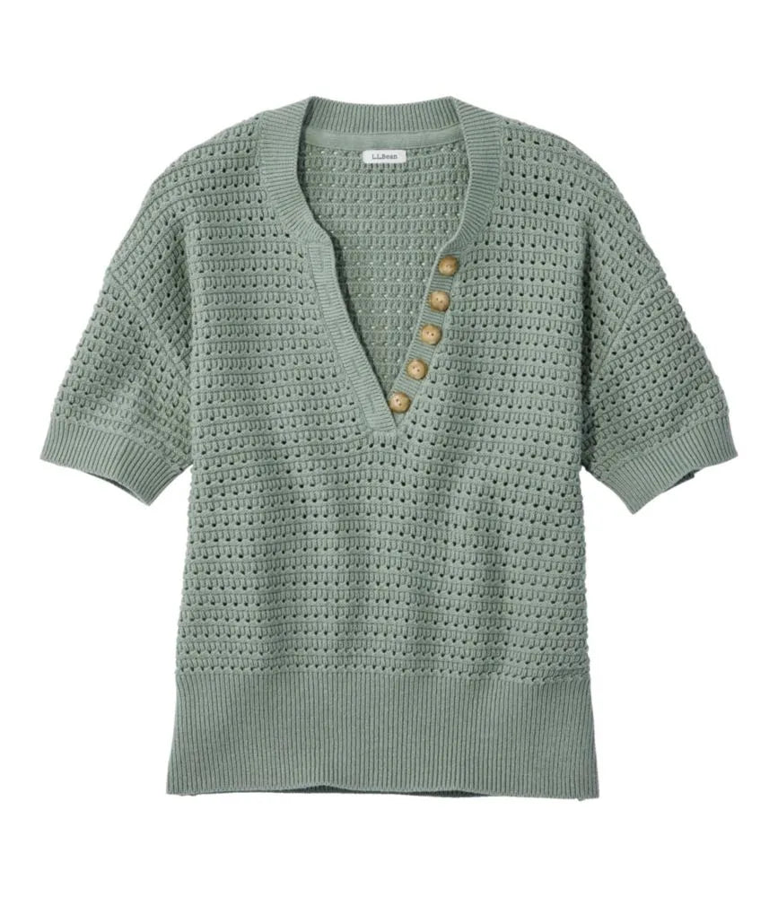 Women's Sunwashed Openwork Sweater, Short-Sleeve Henley