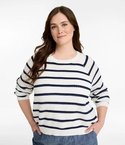 Women's Sunwashed Openwork Sweater, Crewneck Stripe